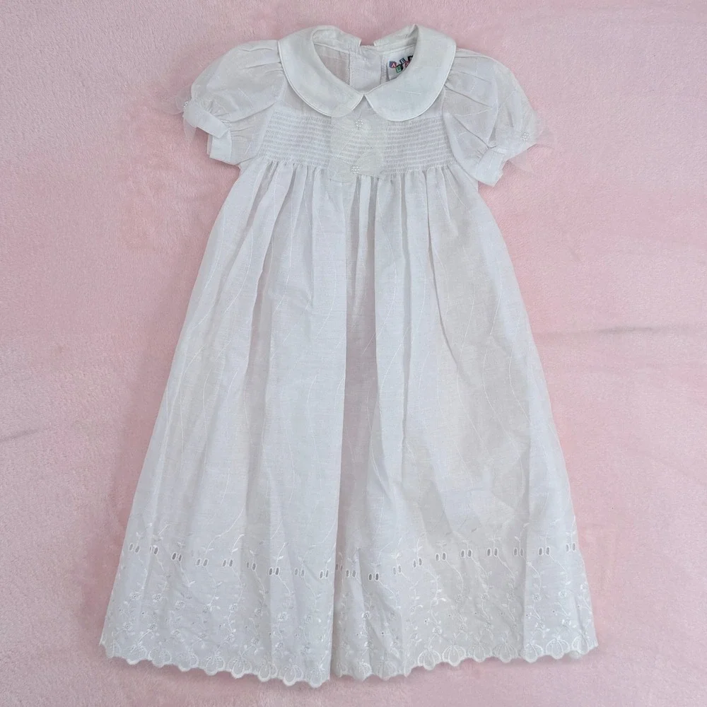 Alexis USA Christening Baptism Gown Baby Girl 6-10 Months White Eyelet Smocking